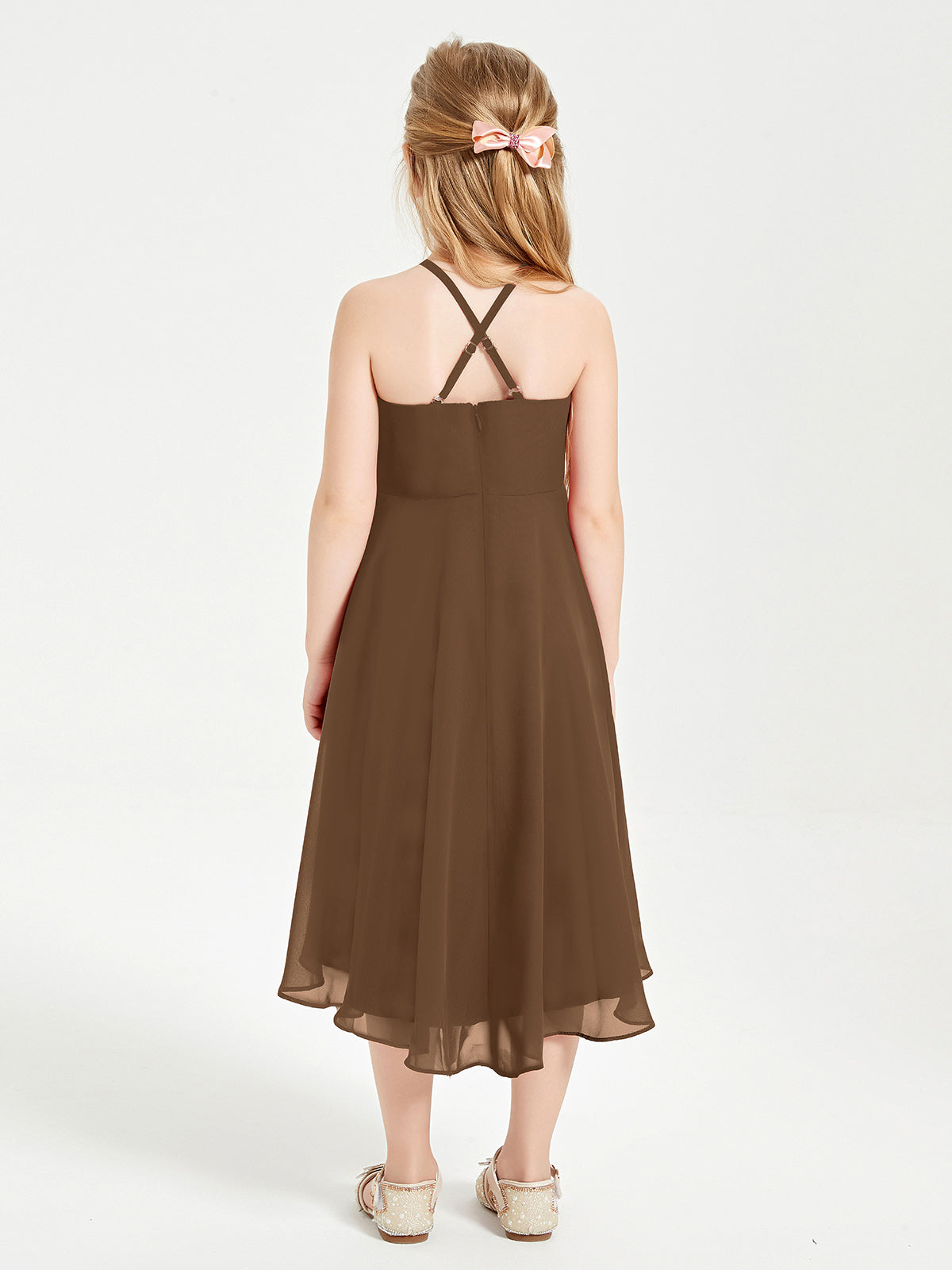 Trendy Tea Length Junior Bridesmaid Dresses Asymmetrical Skirt Brown